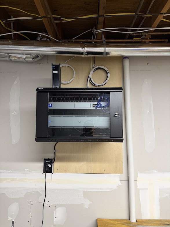 UniFi network rack with switch and dressed cabling